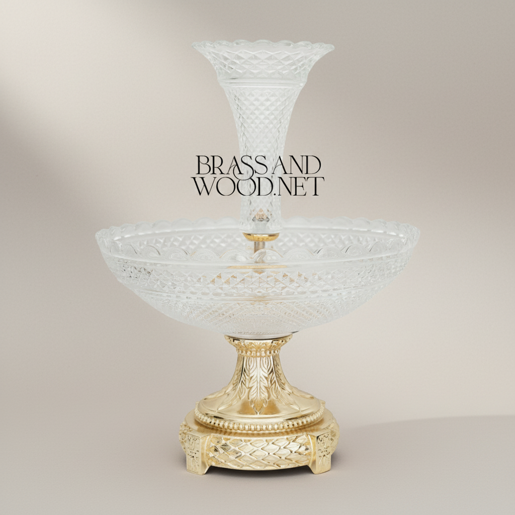 Empire Crystal & Brass Epergne Centrepiece - Diamond-Cut Two-Tier Bowl — Gold