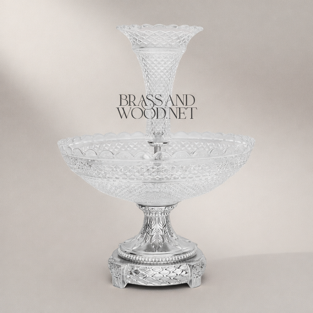 Empire Crystal & Brass Epergne Centrepiece - Diamond-Cut Two-Tier Bowl — Silver