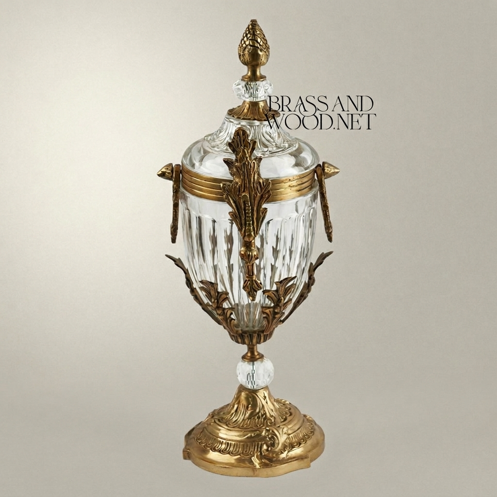 Empire Neoclassical Crystal & Brass Covered Urn Vase with Pineapple Finial & Acanthus Mounts — Antique Gold