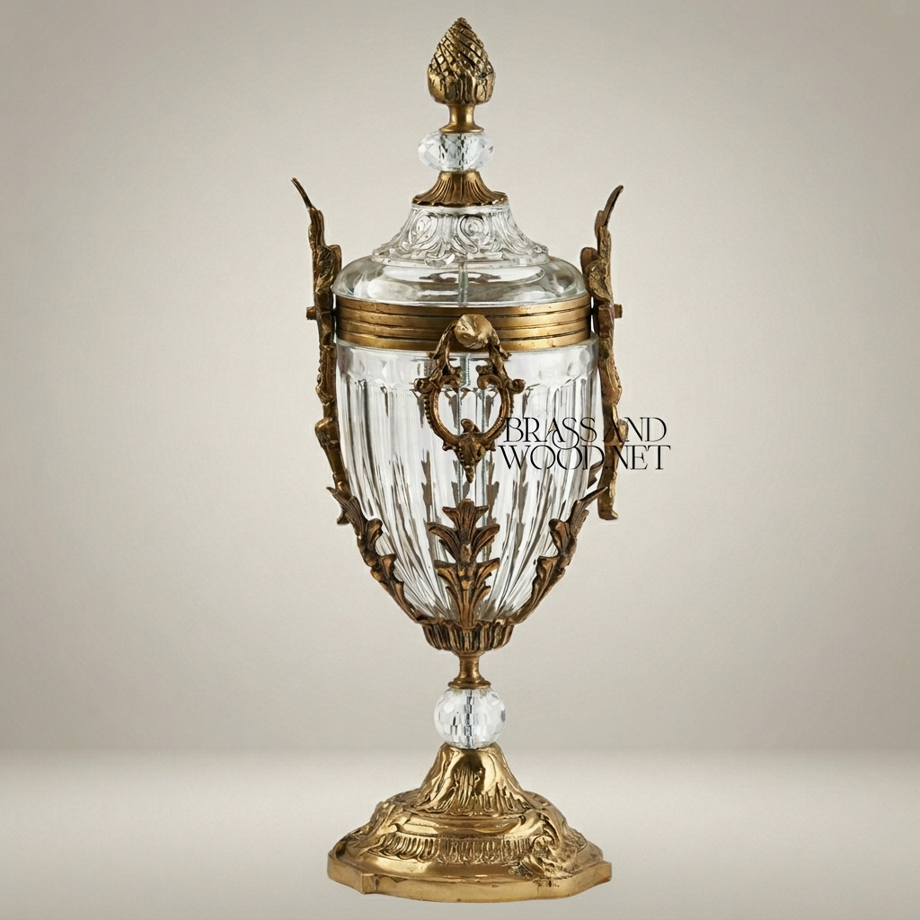 Empire Neoclassical Crystal & Brass Covered Urn Vase with Pineapple Finial & Acanthus Mounts — Antique Gold