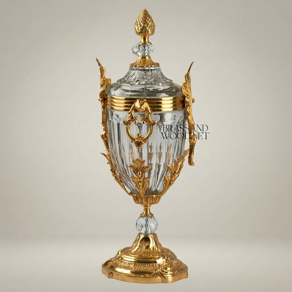 Empire Neoclassical Crystal & Brass Covered Urn Vase with Pineapple Finial & Acanthus Mounts — Gold