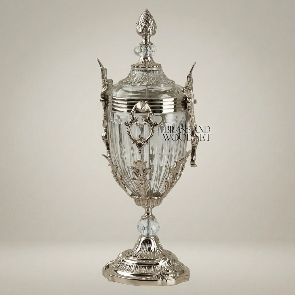 Empire Neoclassical Crystal & Brass Covered Urn Vase with Pineapple Finial & Acanthus Mounts — Silver