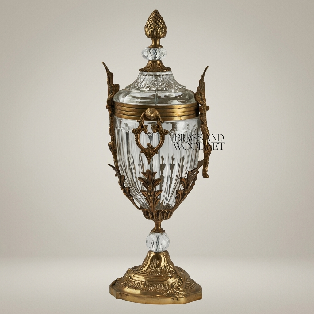 Empire Neoclassical Crystal & Brass Covered Urn Vase with Pineapple Finial & Acanthus Mounts — Antique Gold