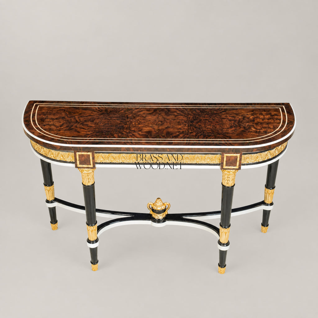 Empire Demi-Lune Console Table Burr Marquetry Top Ebonized Legs Gilt Ormolu Mounts Main View | Brass & Wood