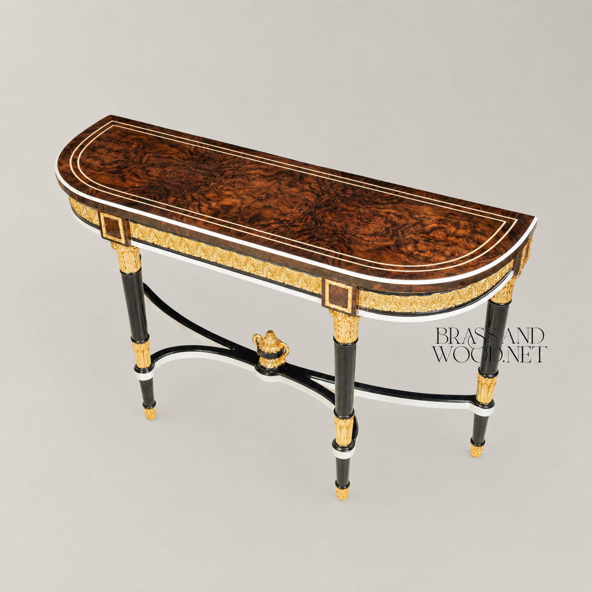 Empire Demi-Lune Console Table Burr Marquetry Top Ebonized Legs Gilt Ormolu Mounts View 2 | Brass & Wood