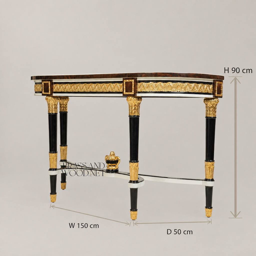 Empire Demi-Lune Console Table Burr Marquetry Top Ebonized Legs Gilt Ormolu Mounts View 3 | Brass & Wood