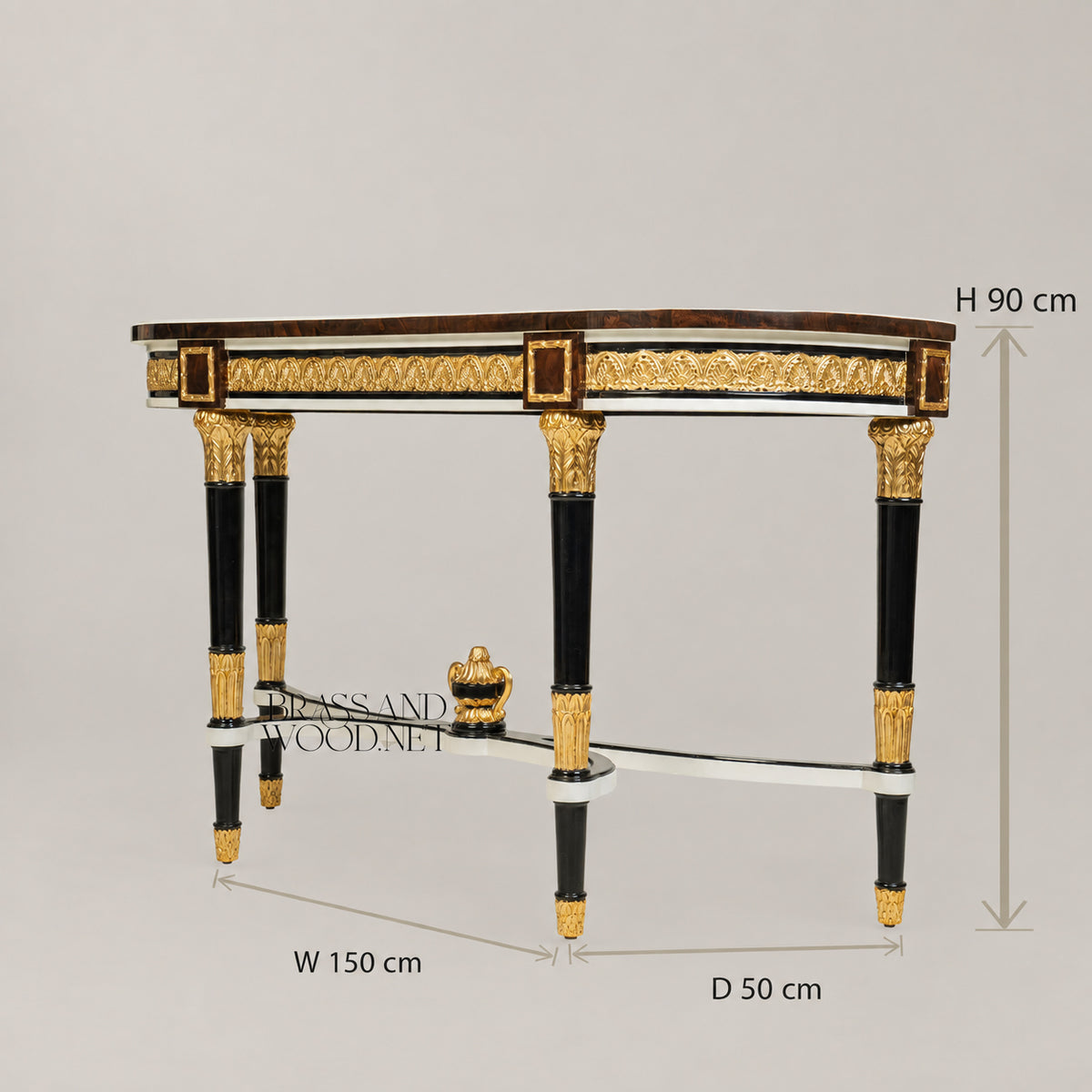 Empire Demi-Lune Console Table Burr Marquetry Top Ebonized Legs Gilt Ormolu Mounts View 3 | Brass & Wood
