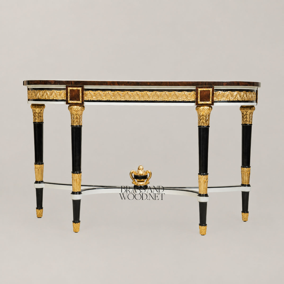 Empire Demi-Lune Console Table Burr Marquetry Top Ebonized Legs Gilt Ormolu Mounts View 4 | Brass & Wood