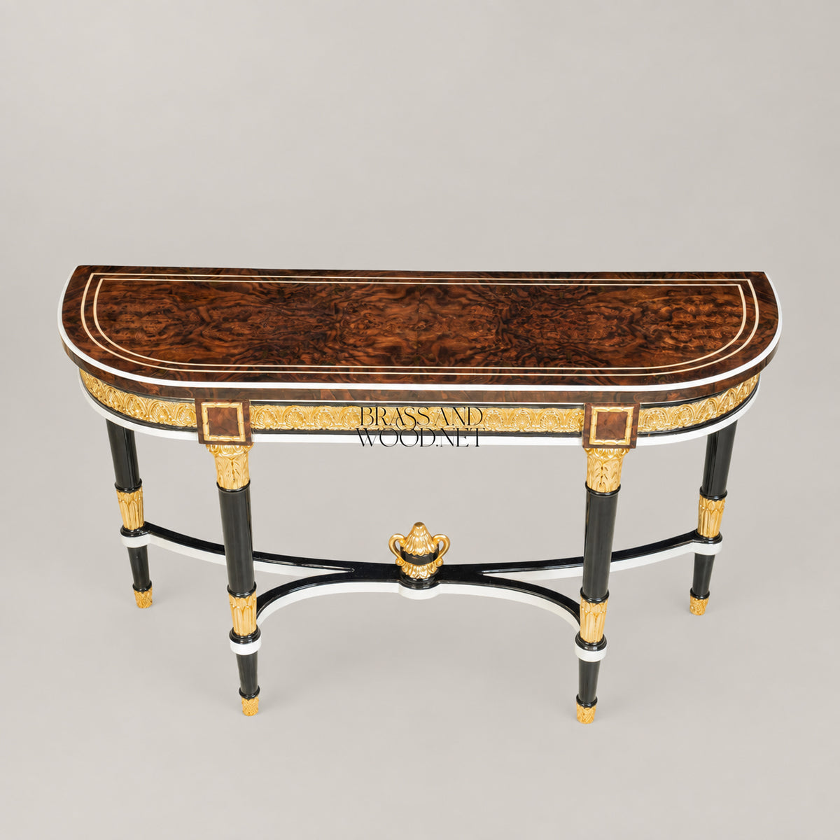 Empire Demi-Lune Console Table Burr Walnut Top Ebonized Legs Gilt Ormolu Mounts Acanthus Frieze Main View | Brass & Wood