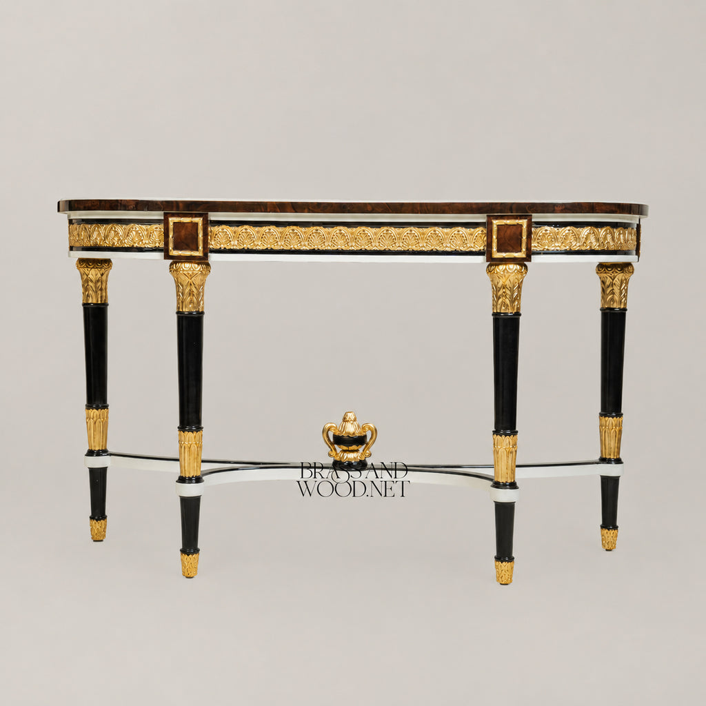 Empire Demi-Lune Console Table Burr Walnut Top Ebonized Legs Gilt Ormolu Mounts Acanthus Frieze View 4 | Brass & Wood