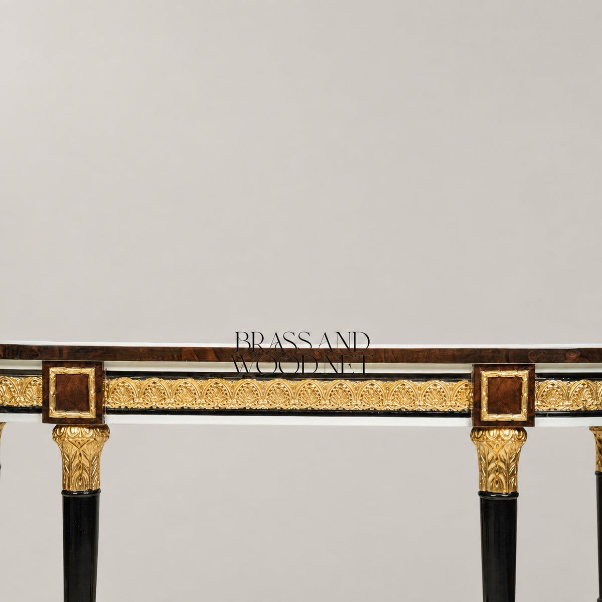 Empire Demi-Lune Console Table Burr Walnut Top Ebonized Legs Gilt Ormolu Mounts Acanthus Frieze View 5 | Brass & Wood