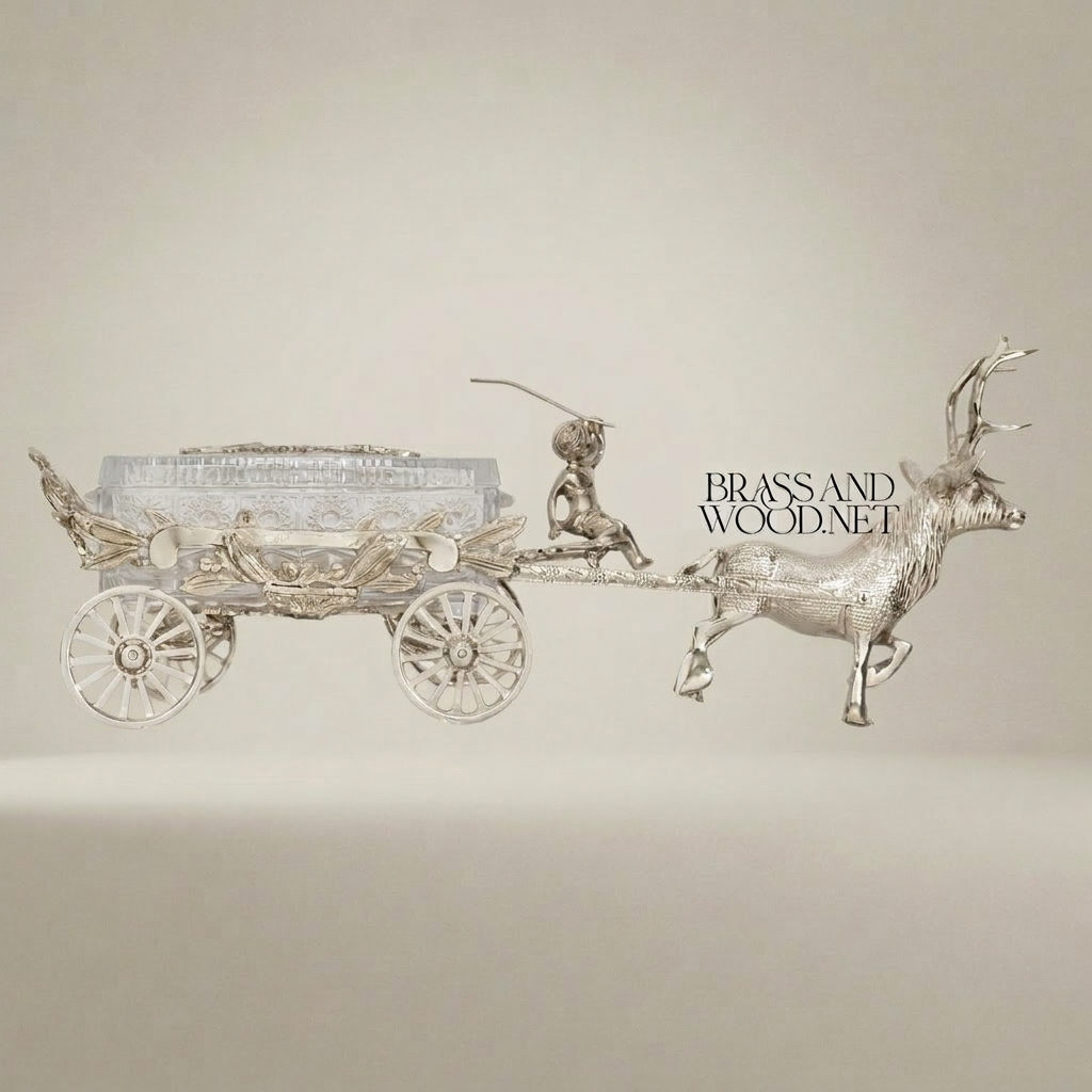 Empire Figural Deer & Crystal Cart Decorative Sculpture — Silver