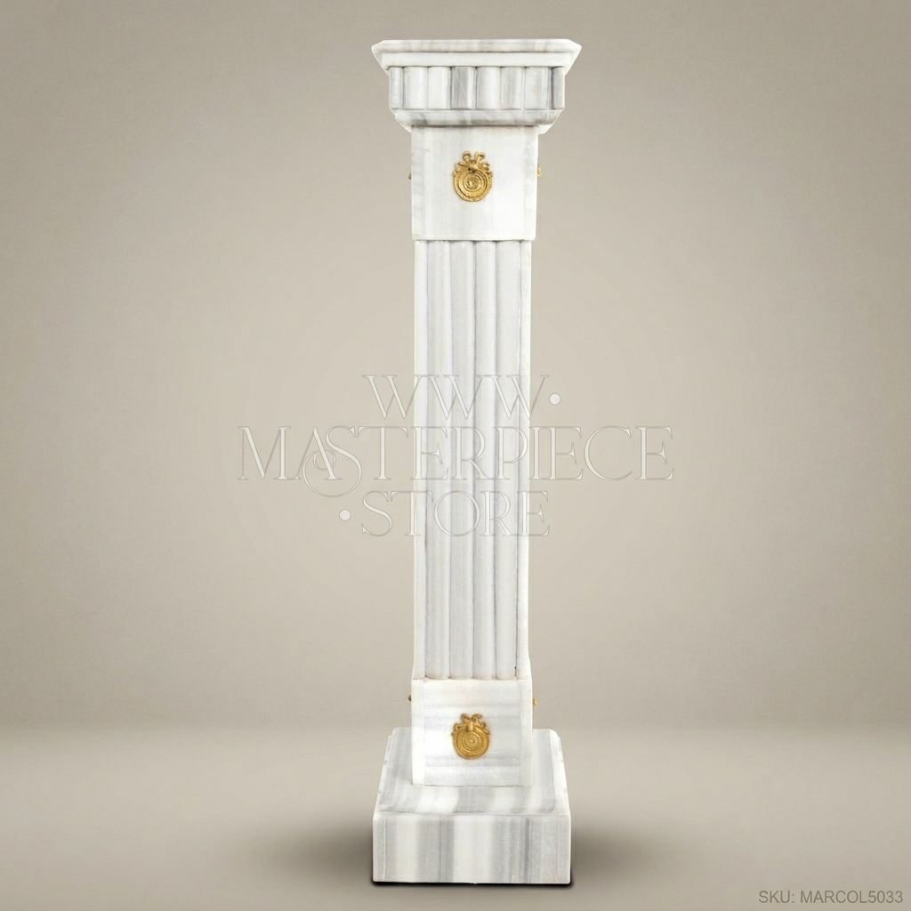 Empire Fluted Marble Column Pedestal with Brass Medallions