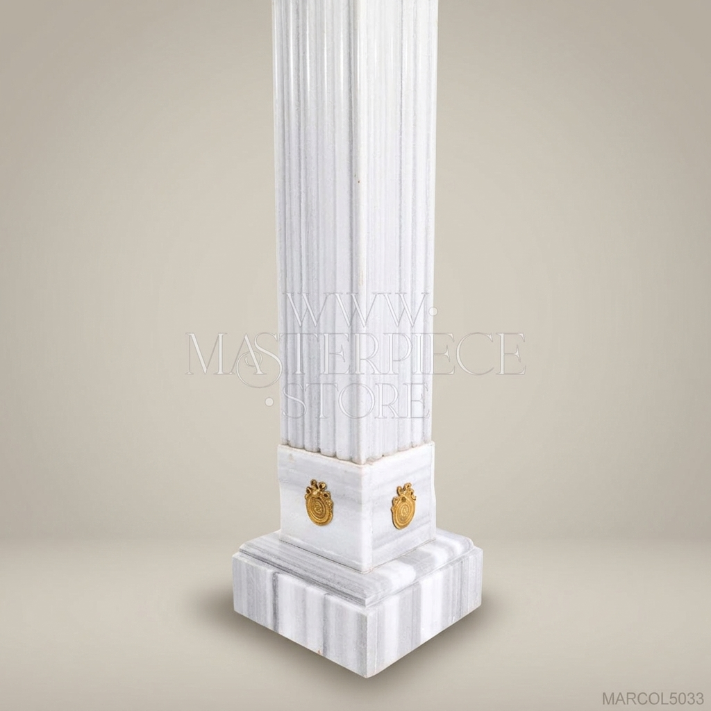 Empire Fluted Marble Column Pedestal with Brass Medallions