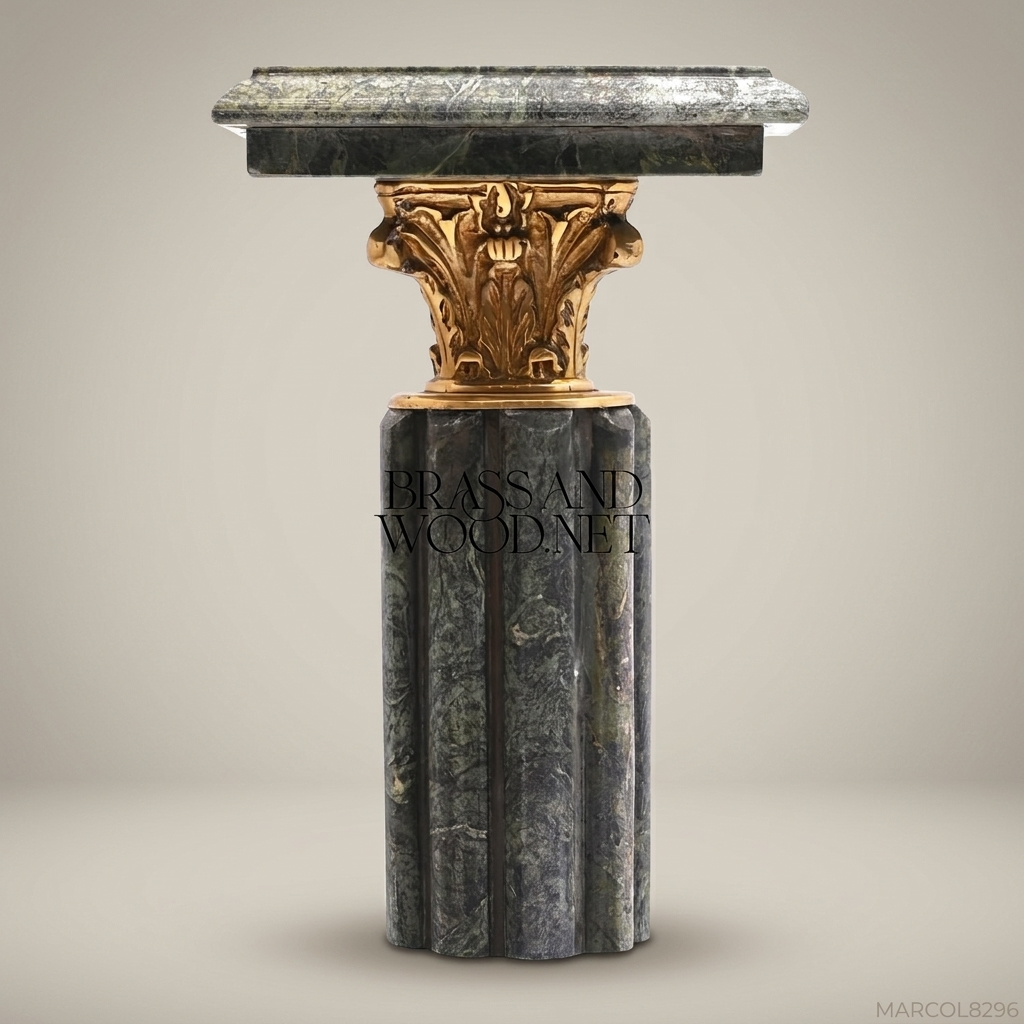 Empire Green Marble Column Pedestal with Gilt Bronze Corinthian Capital