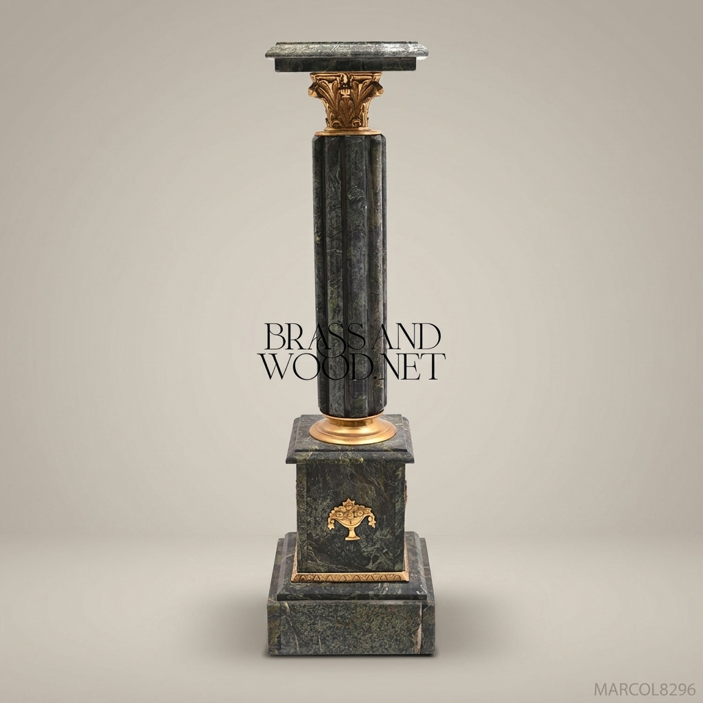 Empire Green Marble Column Pedestal with Gilt Bronze Corinthian Capital