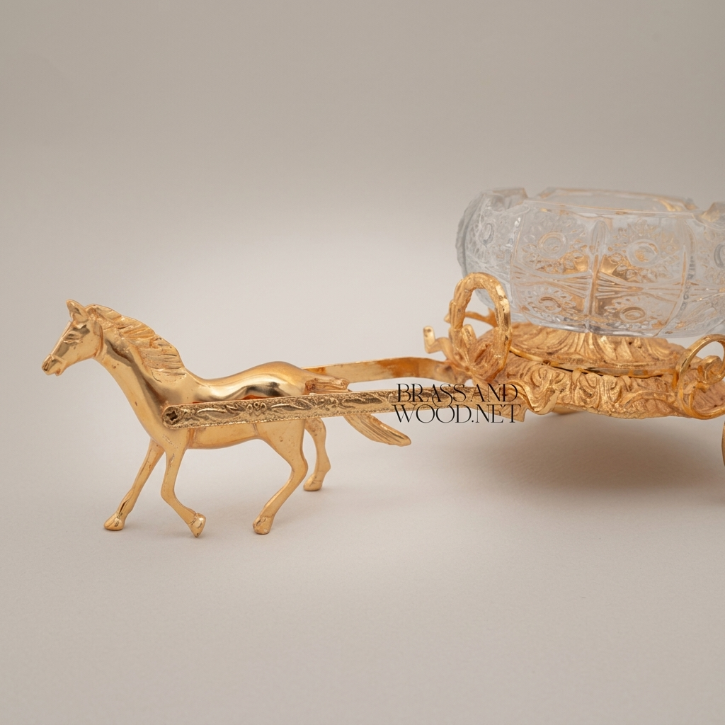 Empire Horse-Drawn Carriage Ashtray in Cast Brass with Crystal Bowl — Gold