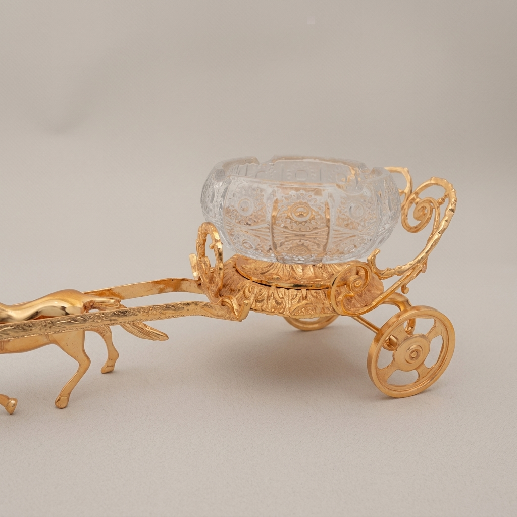 Empire Horse-Drawn Carriage Ashtray in Cast Brass with Crystal Bowl