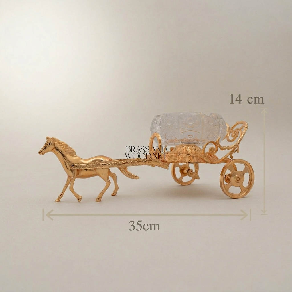 Empire Horse-Drawn Carriage Ashtray in Cast Brass with Crystal Bowl — Gold