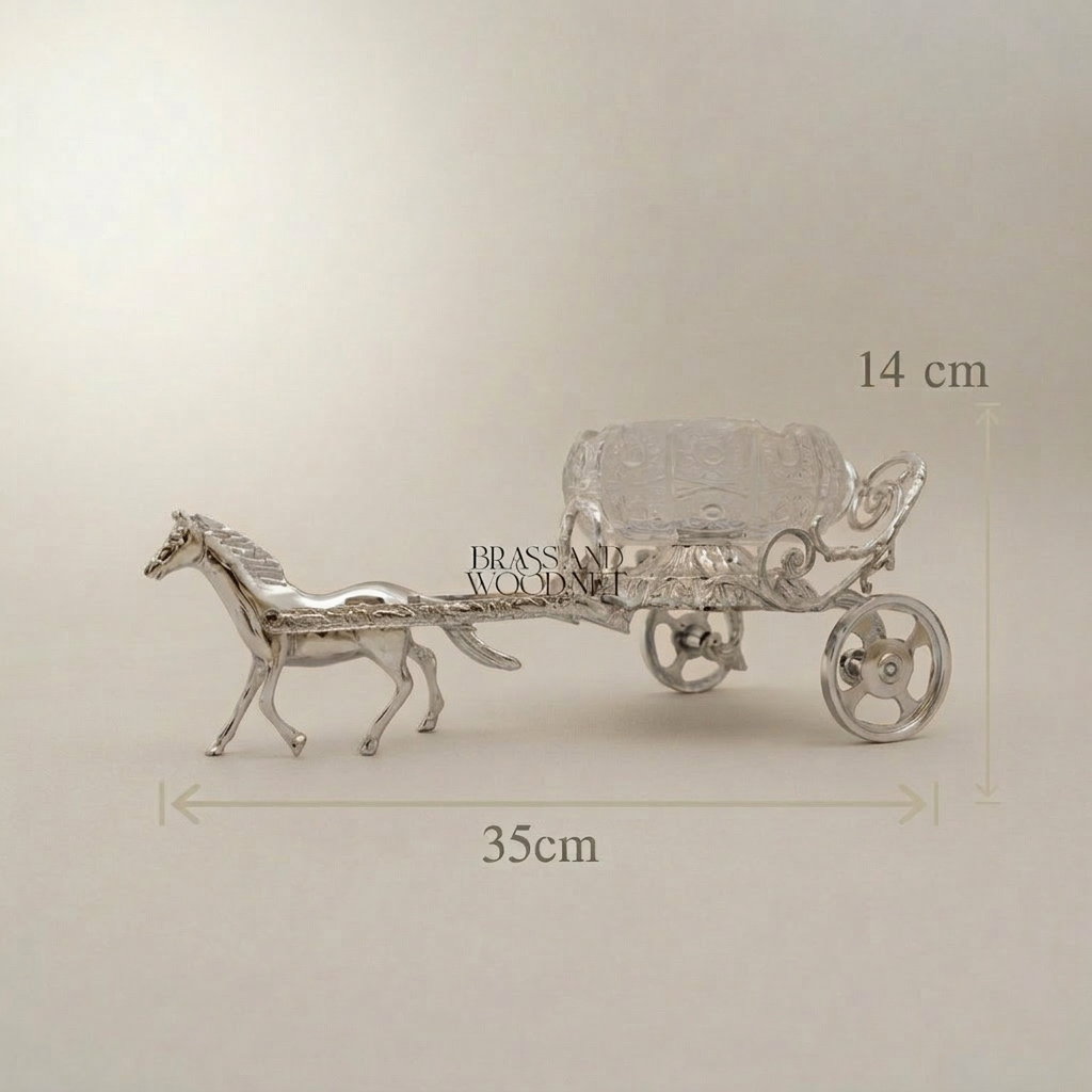 Empire Horse-Drawn Carriage Ashtray in Cast Brass with Crystal Bowl — Silver