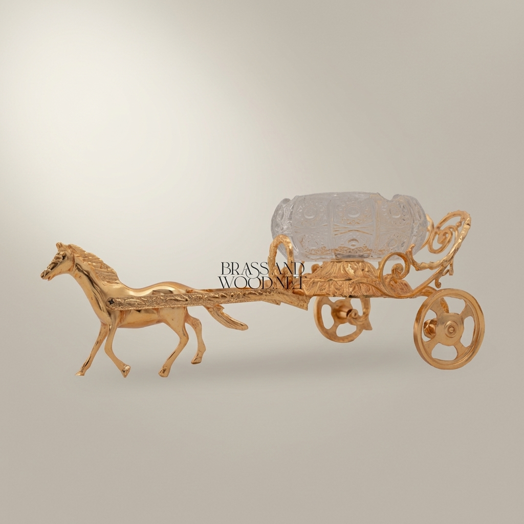 Empire Horse-Drawn Carriage Ashtray in Cast Brass with Crystal Bowl — Gold