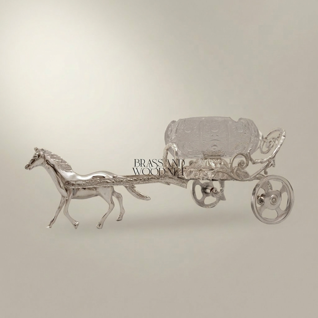Empire Horse-Drawn Carriage Ashtray in Cast Brass with Crystal Bowl — Silver