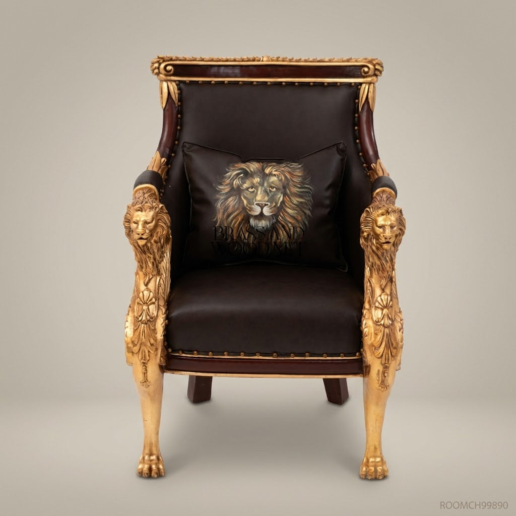 Empire Parcel-Gilt Throne Armchair Dark Leather Lion Monopodia Carved Arm Supports Lion Portrait Cushion Main View | Brass & Wood