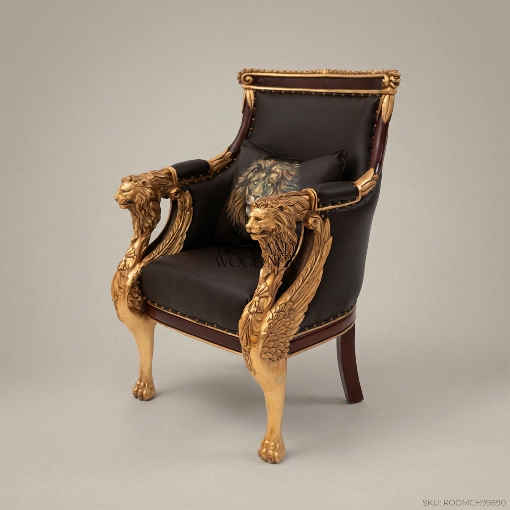 Empire Parcel-Gilt Throne Armchair Dark Leather Lion Monopodia Carved Arm Supports Lion Portrait Cushion View 2 | Brass & Wood