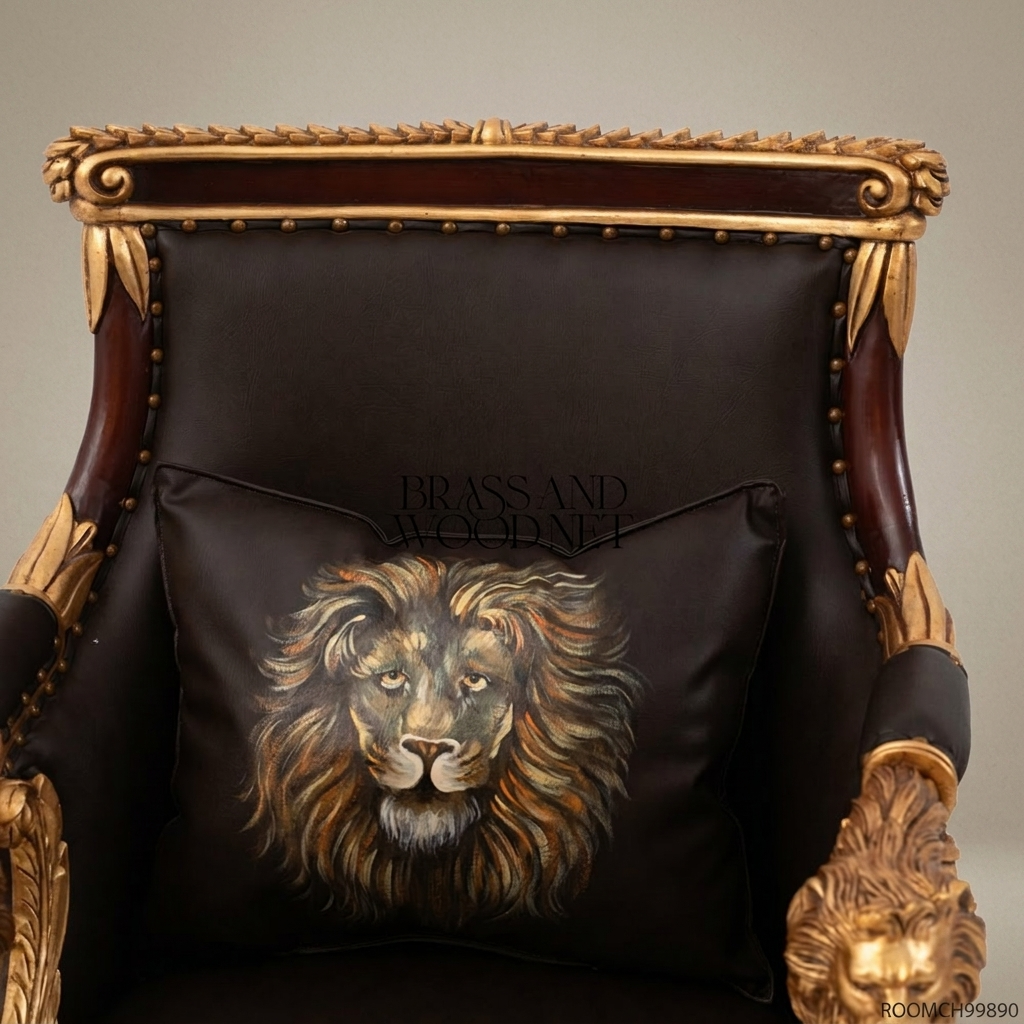 Empire Parcel-Gilt Throne Armchair Dark Leather Lion Monopodia Carved Arm Supports Lion Portrait Cushion View 3 | Brass & Wood