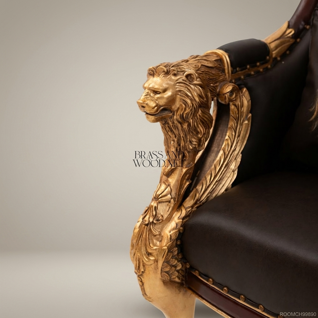 Empire Parcel-Gilt Throne Armchair Dark Leather Lion Monopodia Carved Arm Supports Lion Portrait Cushion View 4 | Brass & Wood