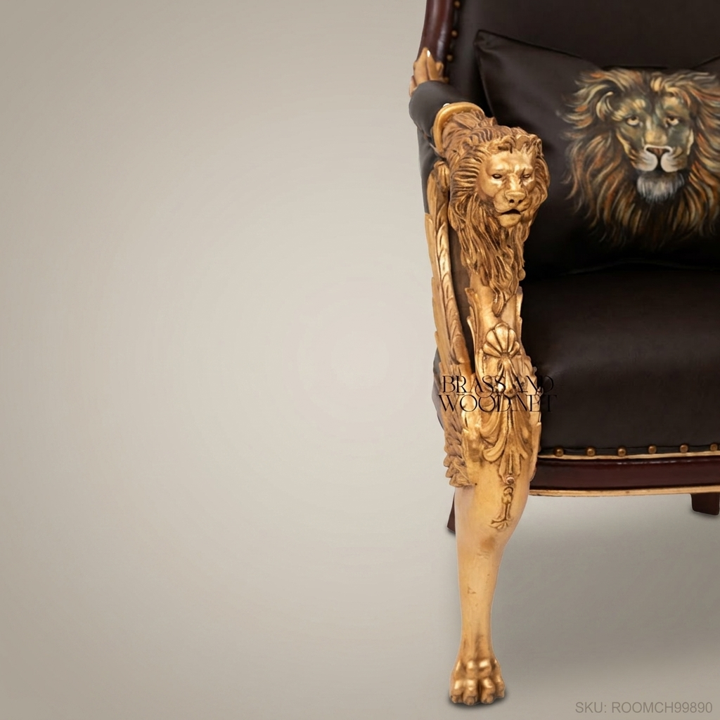 Empire Parcel-Gilt Throne Armchair Dark Leather Lion Monopodia Carved Arm Supports Lion Portrait Cushion View 5 | Brass & Wood