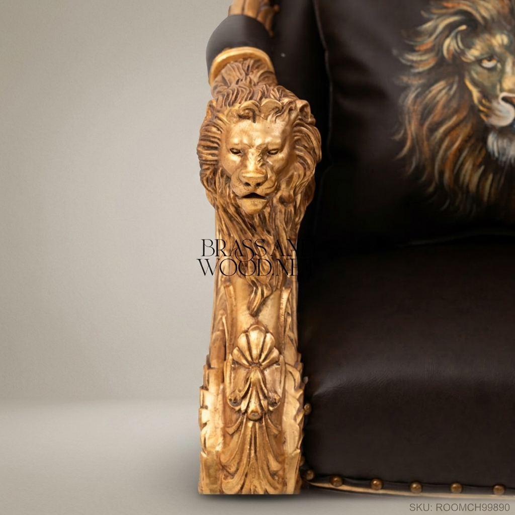 Empire Parcel-Gilt Throne Armchair Dark Leather Lion Monopodia Carved Arm Supports Lion Portrait Cushion View 6 | Brass & Wood