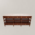 French Empire mahogany console sideboard with crema marfil marble top, gilt rosette medallions, brass rope banding, six drawers and two open shelves Main View | Brass & Wood