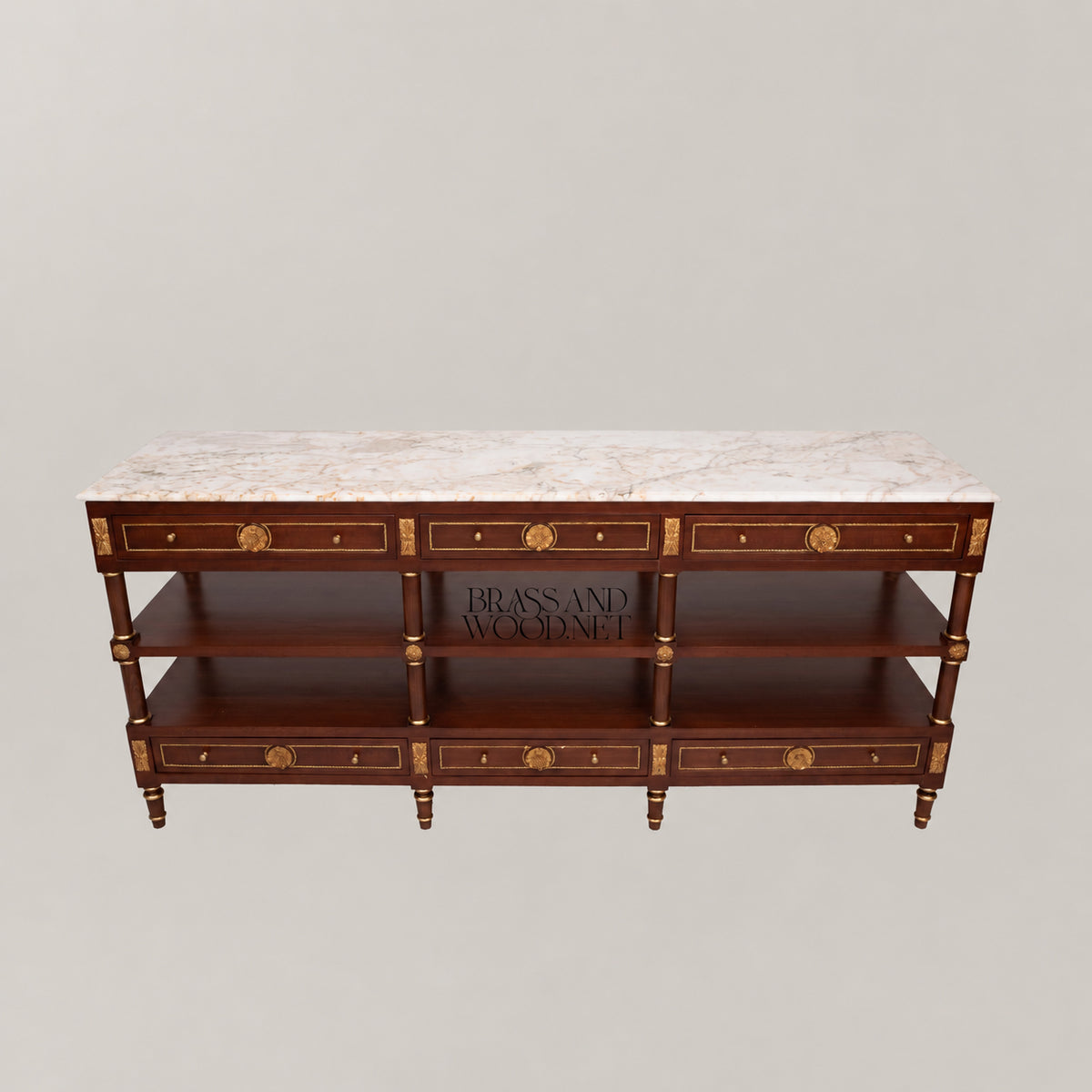 French Empire mahogany console sideboard with crema marfil marble top, gilt rosette medallions, brass rope banding, six drawers and two open shelves Main View | Brass & Wood