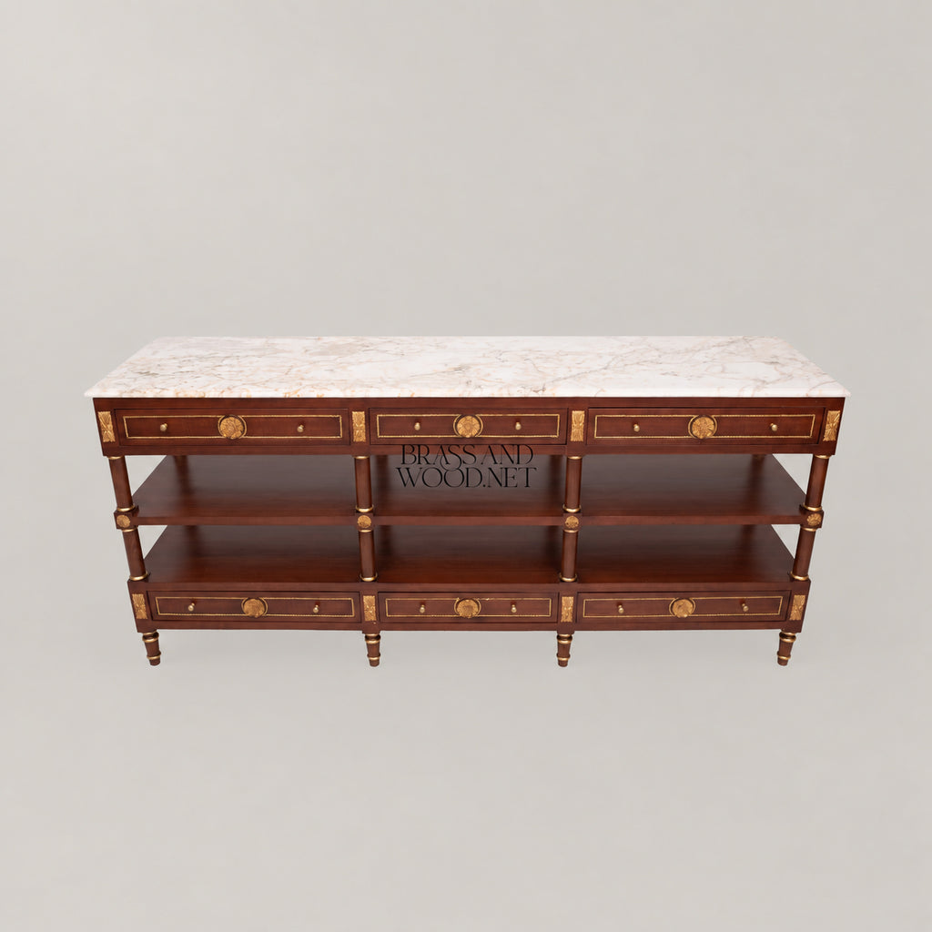 French Empire mahogany console sideboard with crema marfil marble top, gilt rosette medallions, brass rope banding, six drawers and two open shelves View 2 | Brass & Wood