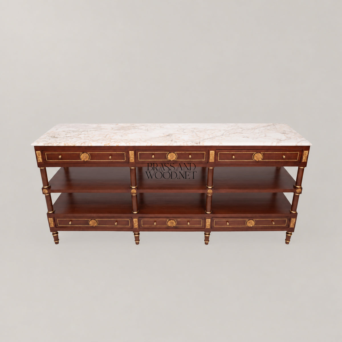 French Empire mahogany console sideboard with crema marfil marble top, gilt rosette medallions, brass rope banding, six drawers and two open shelves View 2 | Brass & Wood
