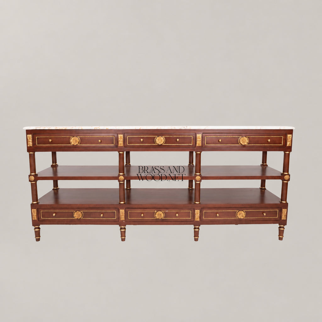 French Empire mahogany console sideboard with crema marfil marble top, gilt rosette medallions, brass rope banding, six drawers and two open shelves View 3 | Brass & Wood