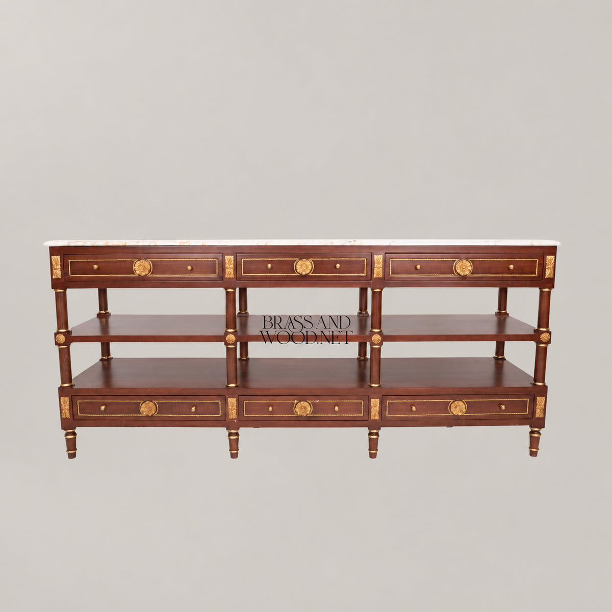 French Empire mahogany console sideboard with crema marfil marble top, gilt rosette medallions, brass rope banding, six drawers and two open shelves View 3 | Brass & Wood
