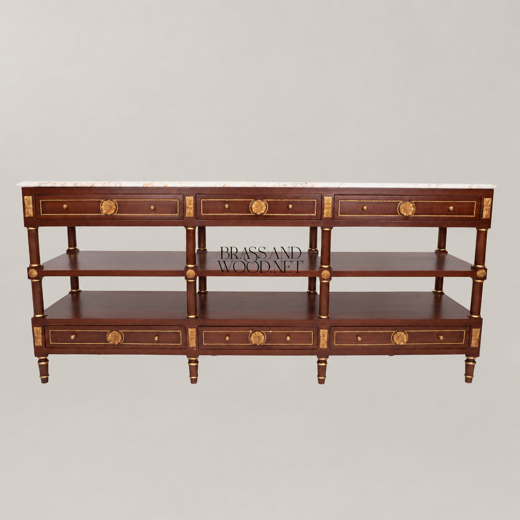 French Empire mahogany console sideboard with crema marfil marble top, gilt rosette medallions, brass rope banding, six drawers and two open shelves View 4 | Brass & Wood
