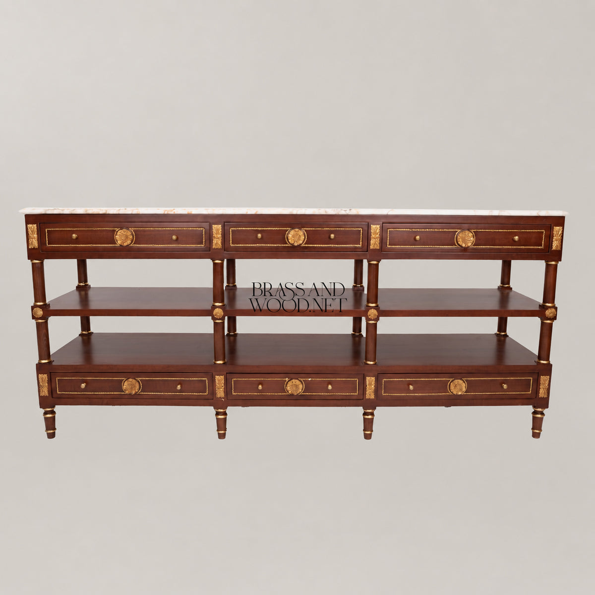 French Empire mahogany console sideboard with crema marfil marble top, gilt rosette medallions, brass rope banding, six drawers and two open shelves View 4 | Brass & Wood