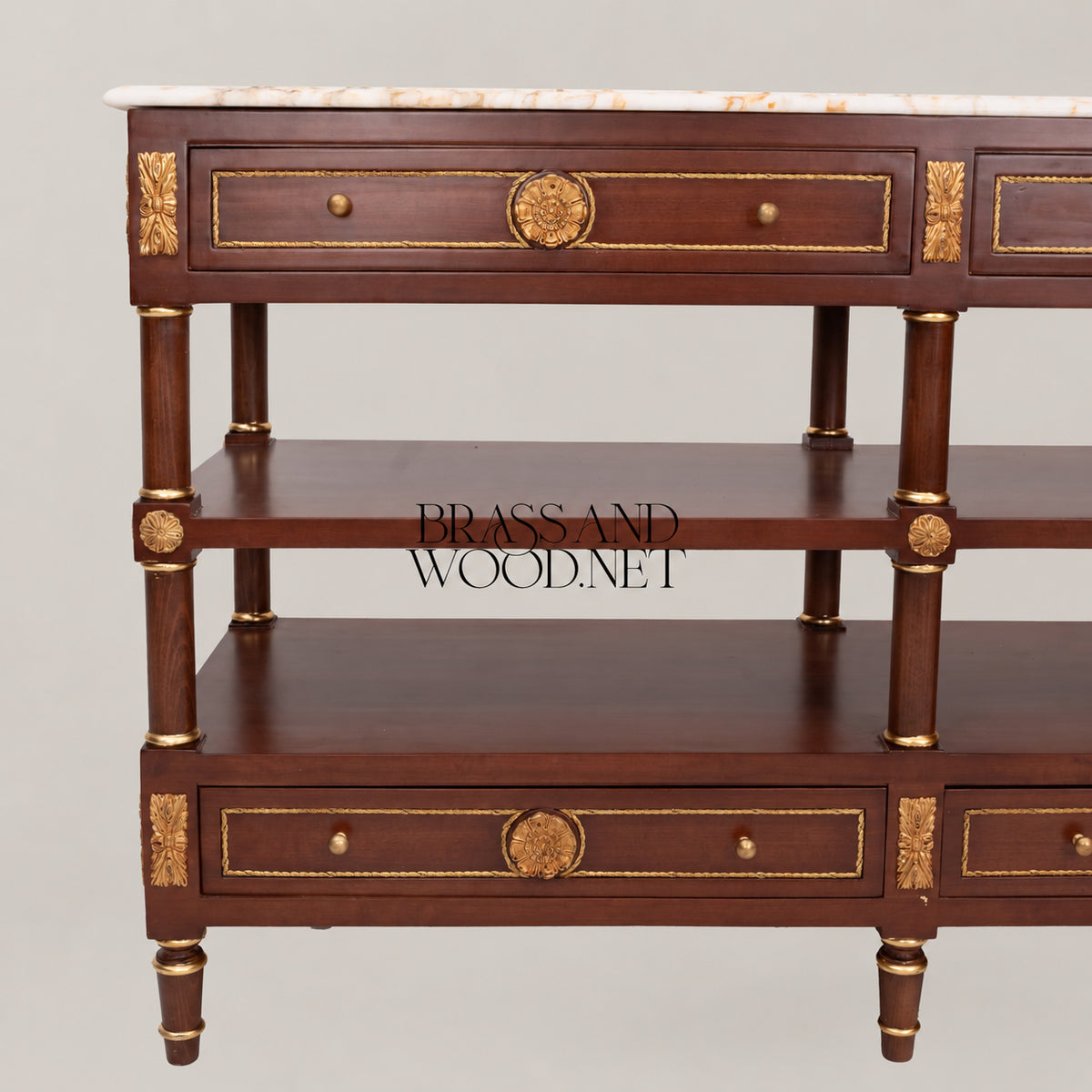 French Empire mahogany console sideboard with crema marfil marble top, gilt rosette medallions, brass rope banding, six drawers and two open shelves View 5 | Brass & Wood
