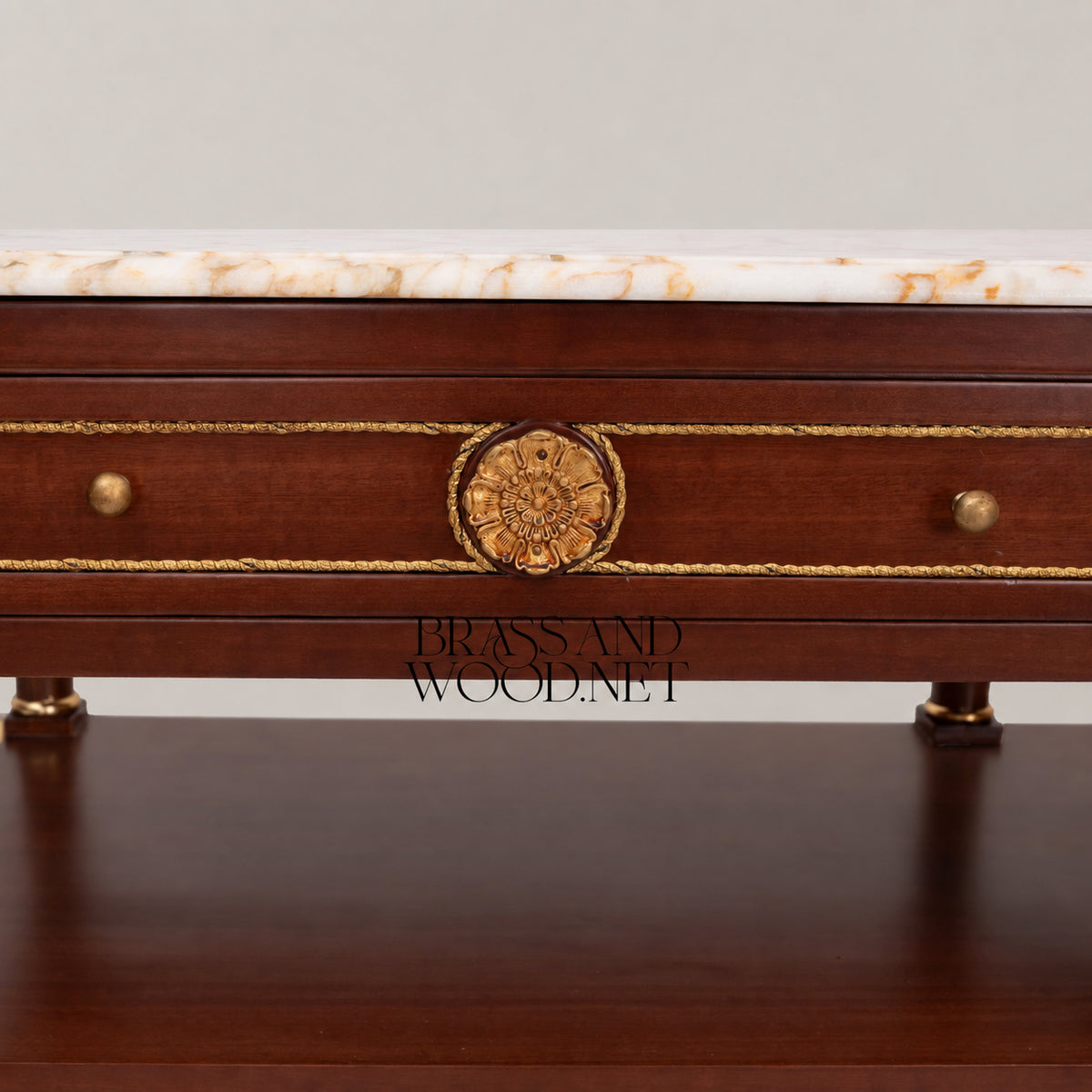 French Empire mahogany console sideboard with crema marfil marble top, gilt rosette medallions, brass rope banding, six drawers and two open shelves View 6 | Brass & Wood