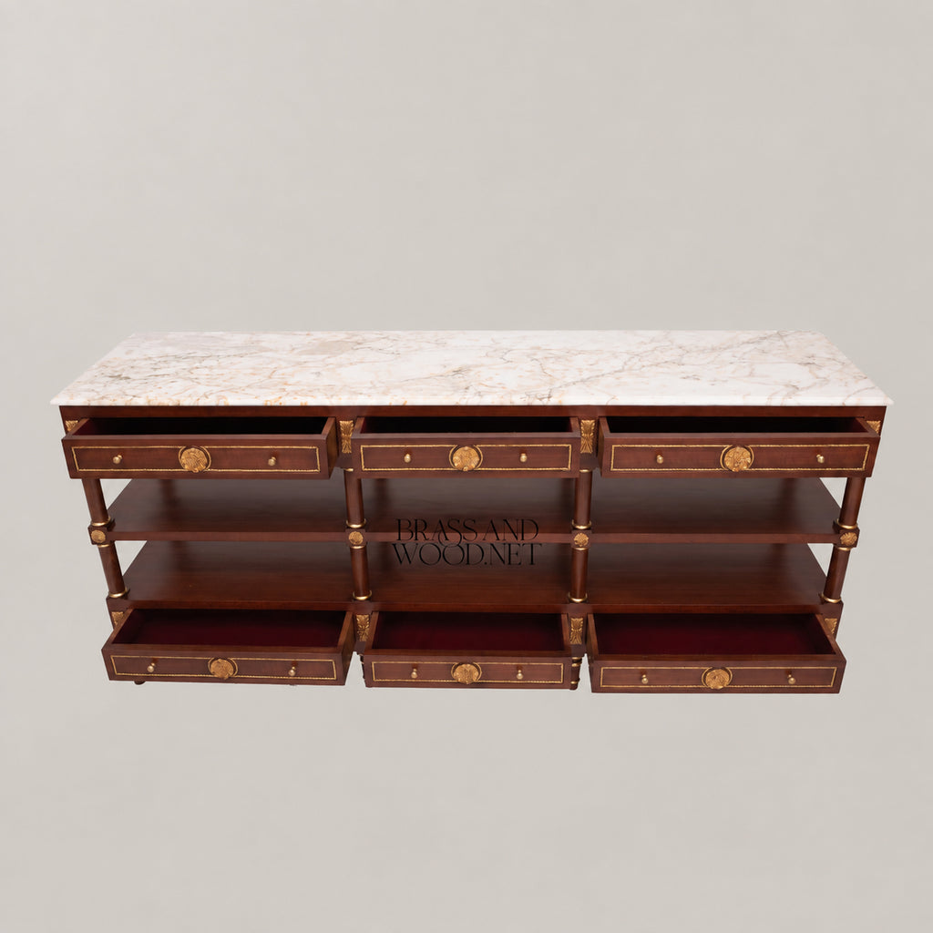 French Empire mahogany console sideboard with crema marfil marble top, gilt rosette medallions, brass rope banding, six drawers and two open shelves View 7 | Brass & Wood