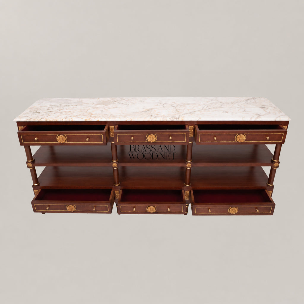 French Empire mahogany console sideboard with crema marfil marble top, gilt rosette medallions, brass rope banding, six drawers and two open shelves View 8 | Brass & Wood