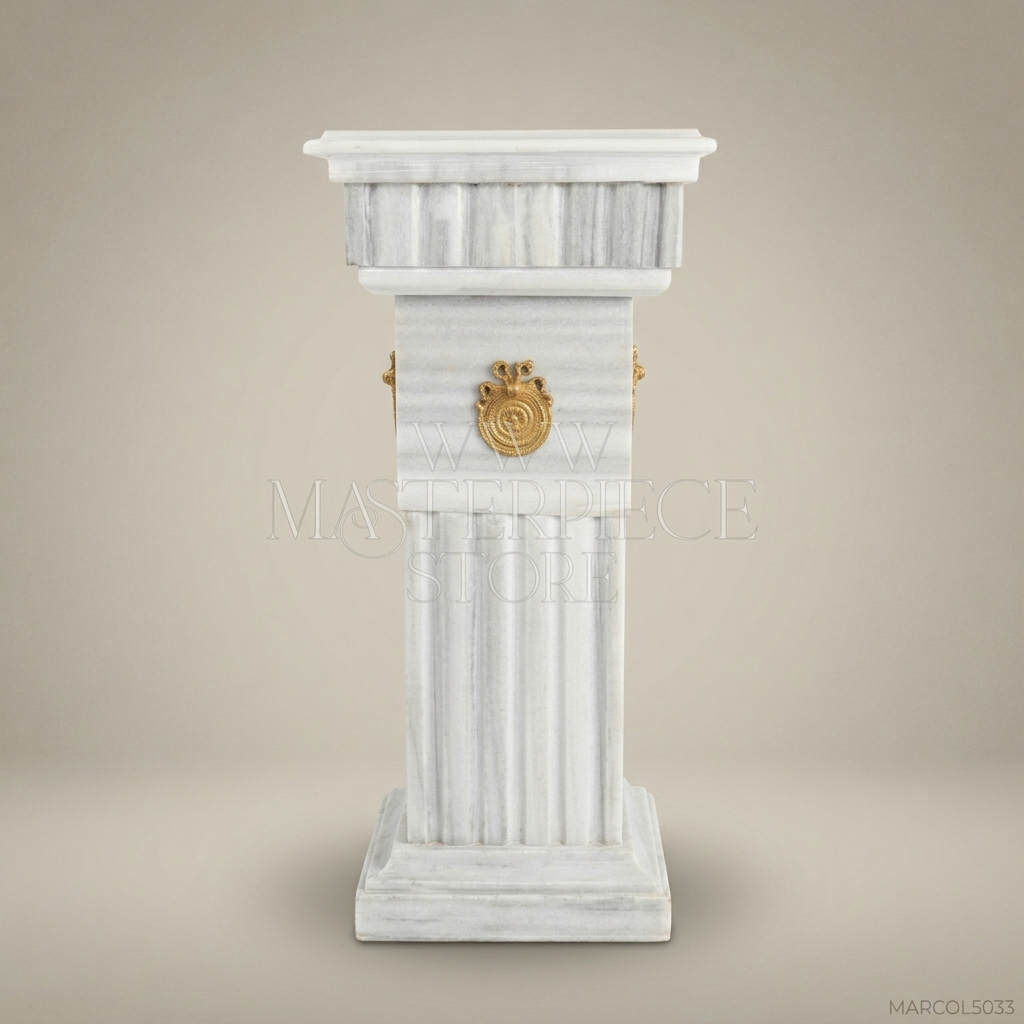 Empire Fluted Marble Column Pedestal with Brass Medallions