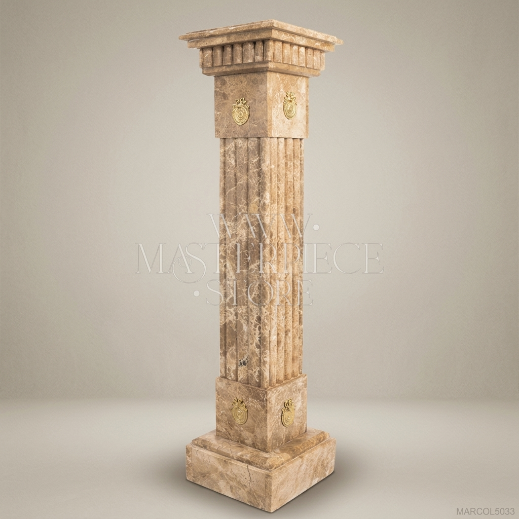 Empire Fluted Marble Column Pedestal with Brass Medallions