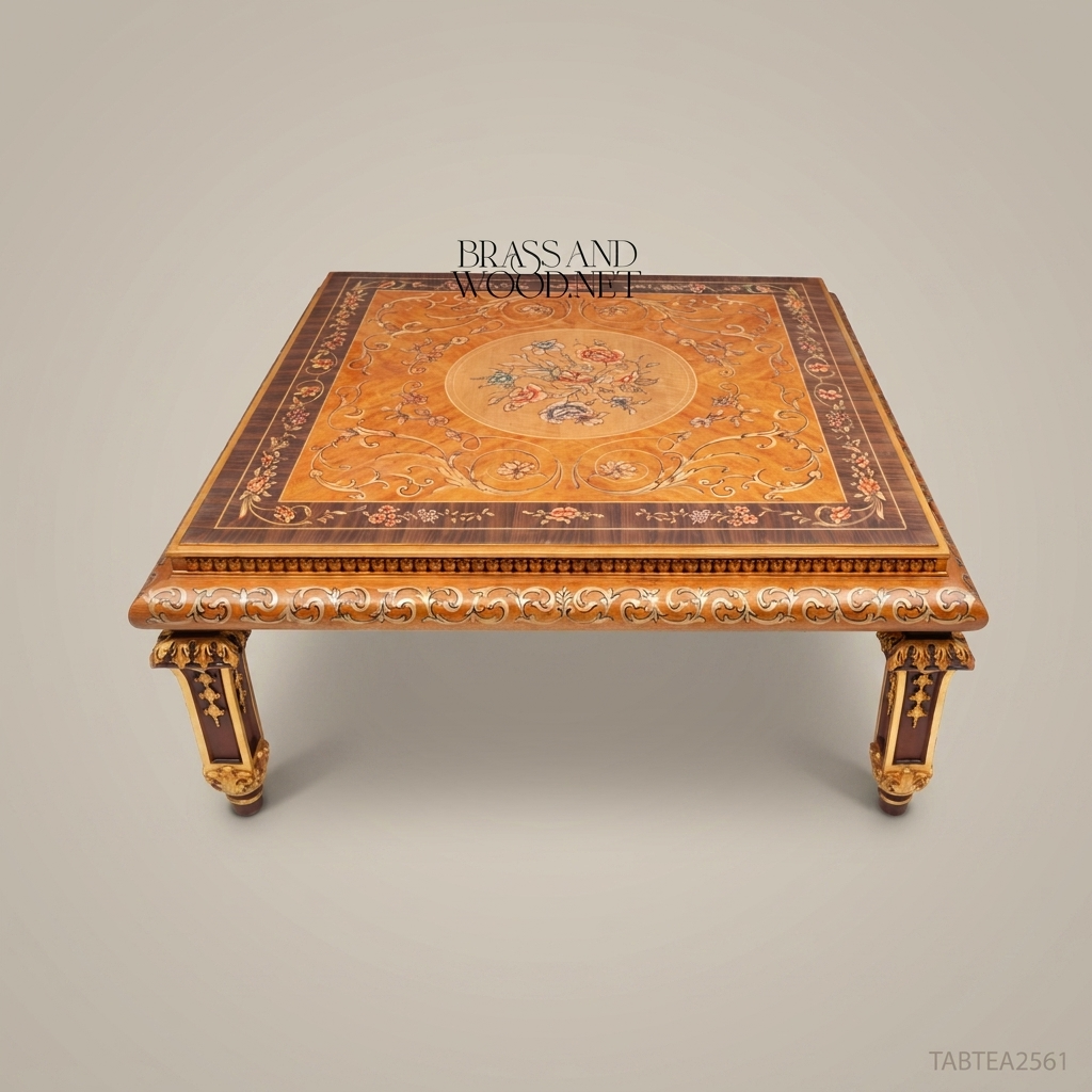 Empire Marquetry Coffee Table | Gold Leaf Carved Legs & Floral Inlay