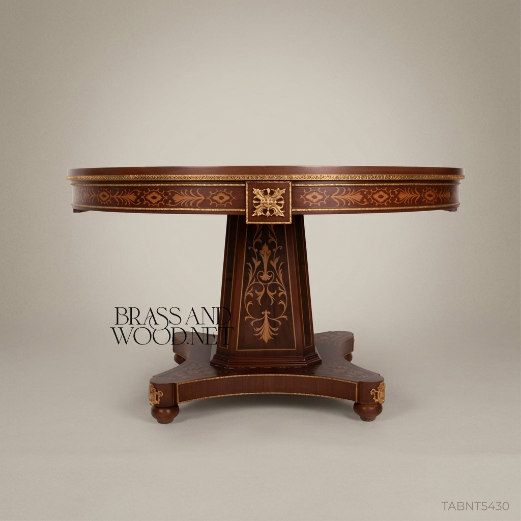 Empire Marquetry Round Centre Table with Gilt Acanthus Pedestal — 140cm
