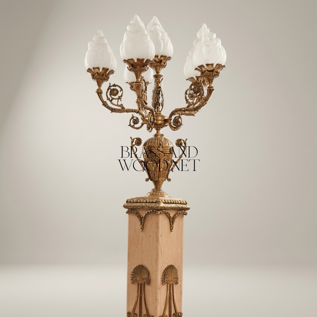 Empire Neoclassical 5-Arm Candelabra Floor Lamp on Carved Wood Pedestal with Brass Lyre Mounts — Antique Gold