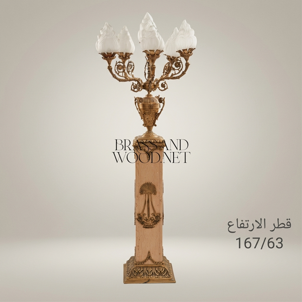 Empire Neoclassical 5-Arm Candelabra Floor Lamp on Carved Wood Pedestal with Brass Lyre Mounts — Antique Gold